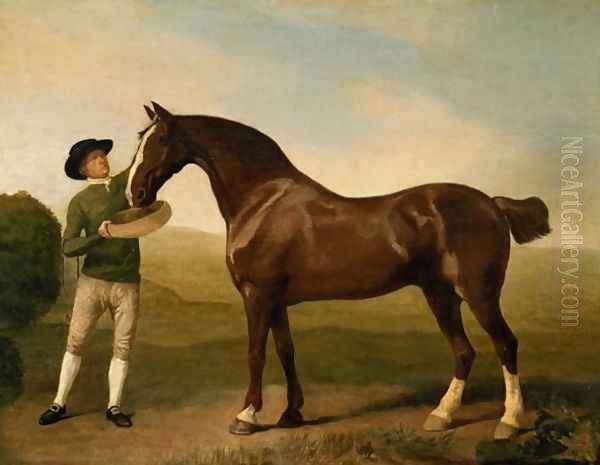 Groom feeding a bay hunter in a landscape Oil Painting by George Stubbs