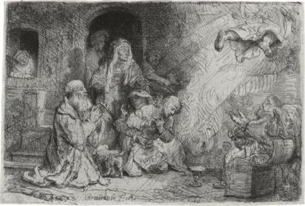 The Angel Departing From The Family Of Tobias (b., Holl. 43; H. 185; Bb. 41-g) Oil Painting by Rembrandt Van Rijn