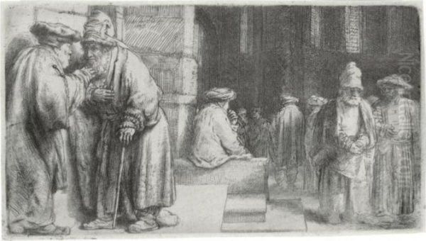 Jews In The Synagogue (b., Holl. 126; H. 234; Bb. 48-d) Oil Painting by Rembrandt Van Rijn