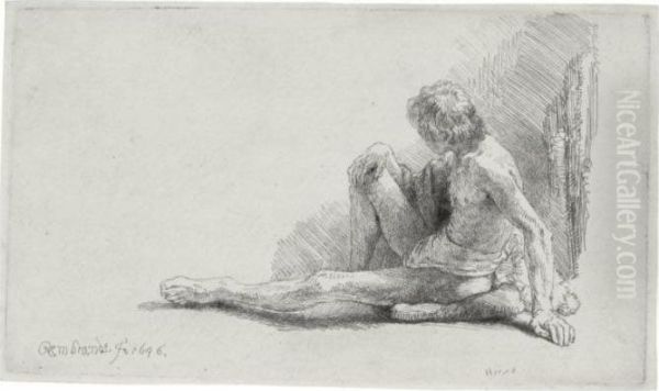 Nude Man Seated On The Ground With One Leg Extended (b., Holl. 196; H. 221; Bb. 46-c) Oil Painting by Rembrandt Van Rijn