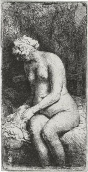 Woman Bathing Her Feet At A Brook (b., Holl. 200; H. 298; Bb. 58-d) Oil Painting by Rembrandt Van Rijn