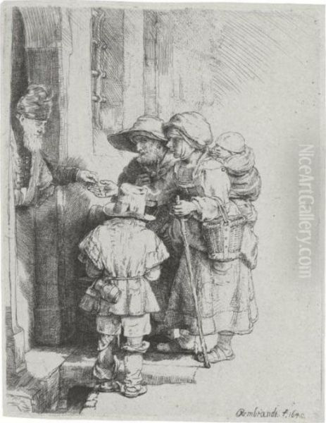 Beggars Receiving Alms At The 
Door Of A House (bartsch., Hollstein 176; Hind 233; Bjorklund &amp; 
Barnard 48-c) Oil Painting by Rembrandt Van Rijn