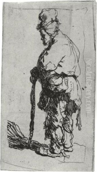 Beggar Leaning On A Stick, Facing Left (b., Holl. 163; H. 9; Bb. 30-2) Oil Painting by Rembrandt Van Rijn