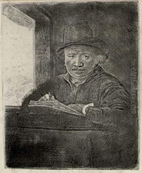 Self Portrait Drawing At A Window Oil Painting by Rembrandt Van Rijn