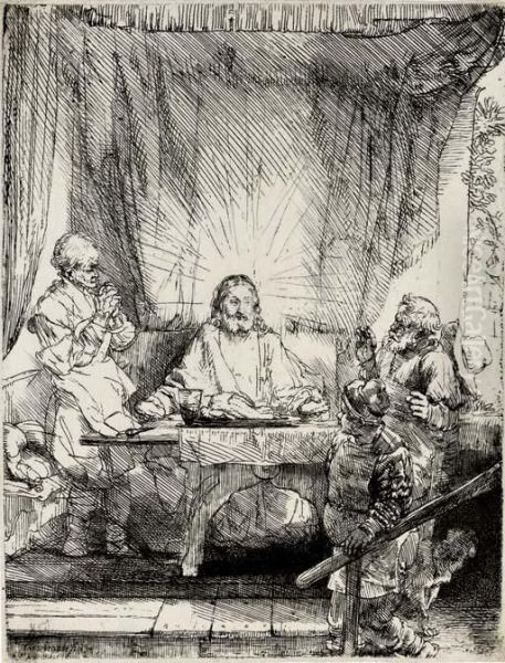 Christ At Emmaus: Larger Plate Oil Painting by Rembrandt Van Rijn