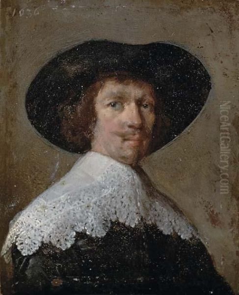 Portrait Of A Gentleman, 
Bust-length, In A Black Doublet With A Lace Collar And A Black Hat Oil Painting by Rembrandt Van Rijn