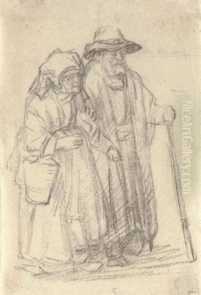 A Strolling Couple: An Old Man And A Woman Carrying A Basket Oil Painting by Rembrandt Van Rijn