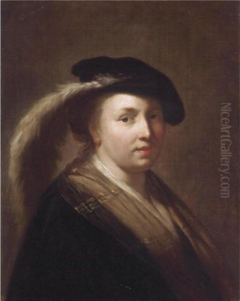 Portait Of A Young Lady, Head And Shoulders, Wearing A Feathered Cap Oil Painting by Rembrandt Van Rijn