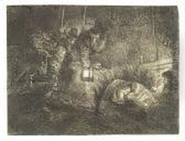 The Adoration Of The Shepherds: A Night Piece. Etching, Ca. 1652. State Viii Oil Painting by Rembrandt Van Rijn