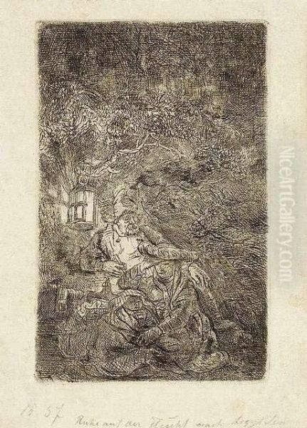 The Rest On The Flight: A Night Piece. Etching, Ca. 1644. State Iv Oil Painting by Rembrandt Van Rijn