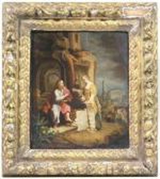 Christ And The Woman Of Samaria. Oil/panel Oil Painting by Rembrandt Van Rijn