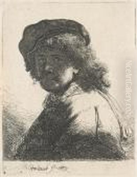 Self-portrait In A Cap And Scarf With The Face Dark: Bust Oil Painting by Rembrandt Van Rijn