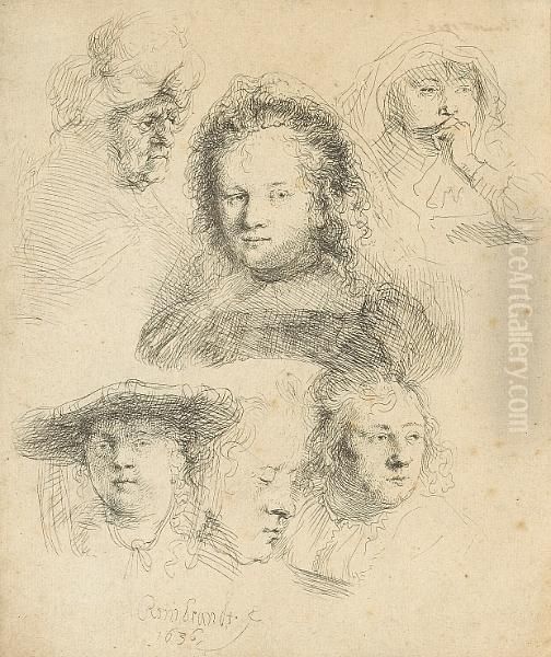 Studies Of The Head Of Saskia And Others Oil Painting by Rembrandt Van Rijn