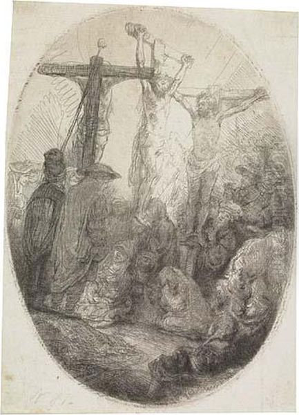 Christ Crucified Between The Two Thieves: An Ovalplate Oil Painting by Rembrandt Van Rijn