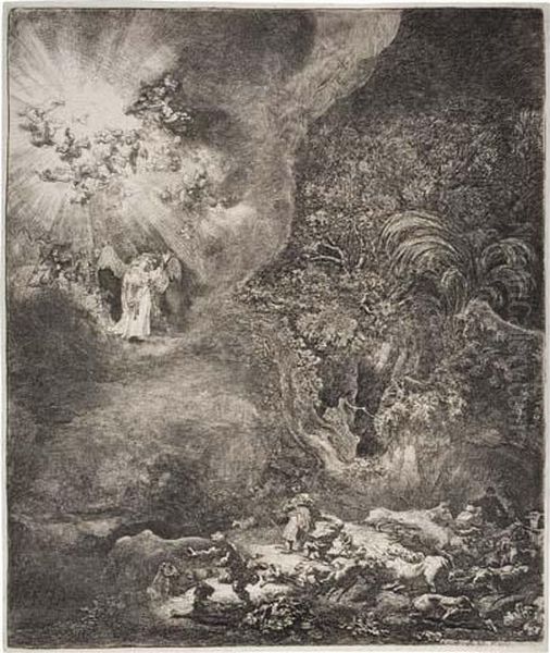 The Angel Appearing To The Shepherds Oil Painting by Rembrandt Van Rijn