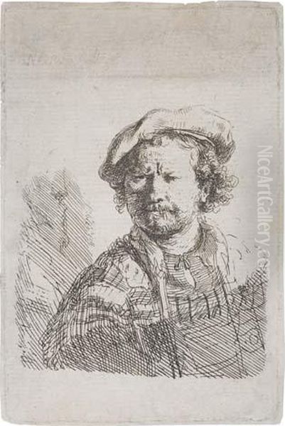 Self Portrait In A Flat Cap And Embroidered Dress Oil Painting by Rembrandt Van Rijn