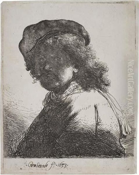 Self Portrait In A Cap And Scarf With The Face Dark:bust by Rembrandt Van Rijn