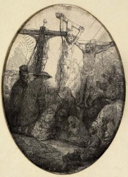 Christ Crucified Between Two Thieves: Oval Plate (b., Holl. 79; H. 173) Oil Painting by Rembrandt Van Rijn