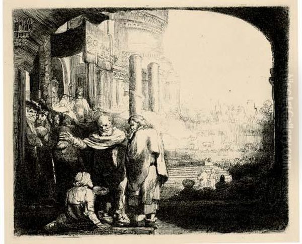 Saint Peter And Saint John 
Healing The Cripple At The Gate Of The Temple (b., Holl. 94; H. 301) Oil Painting by Rembrandt Van Rijn