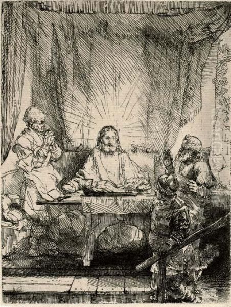 Christ At Emmaus: Large Plate (b. Holl. 87; H. 282) Oil Painting by Rembrandt Van Rijn