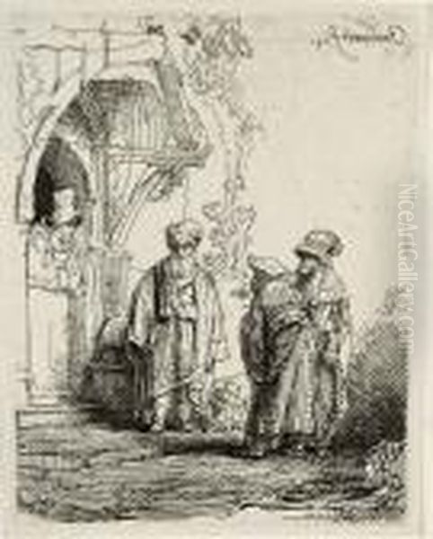 Three Oriental Figures (jacob And Laban?) (b., Holl. 118; H. 183) Oil Painting by Rembrandt Van Rijn