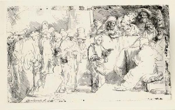 Christ Disputing With The Doctors: A Sketch (bartsch, Hollstein 65; Hind 257) Oil Painting by Rembrandt Van Rijn