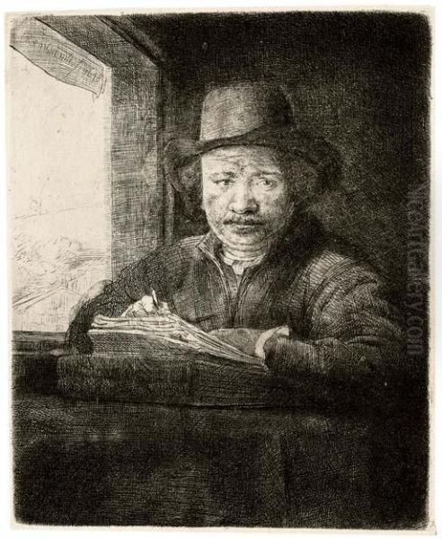 Self-portrait Drawing At A Window (b., Holl. 22; H. 229) Oil Painting by Rembrandt Van Rijn