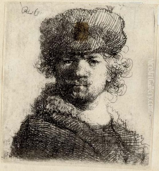 Self-portrait In A Heavy Fur Cap: Bust (bartsch, Hollstein 16; Hind 56) Oil Painting by Rembrandt Van Rijn