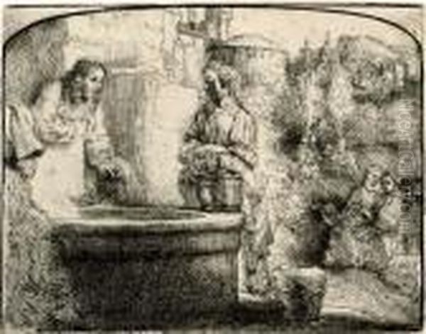 Christ And The Woman Of Samaria: An Arched Print Oil Painting by Rembrandt Van Rijn