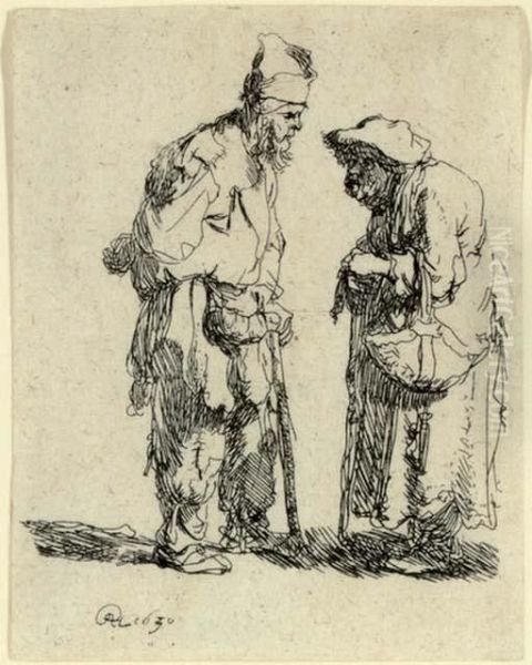 Beggar Man And Beggar Woman Conversing Oil Painting by Rembrandt Van Rijn