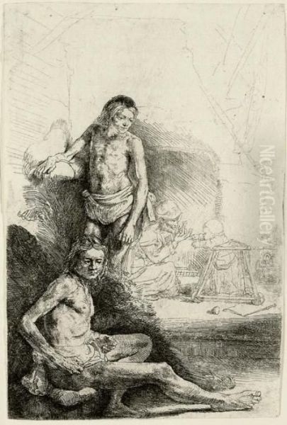 A Nude Man Seated And Another Standing Oil Painting by Rembrandt Van Rijn