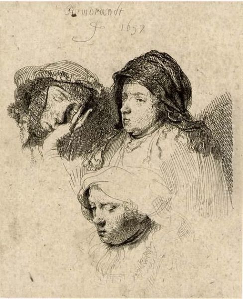 Three Heads Of Women: One Asleep Oil Painting by Rembrandt Van Rijn