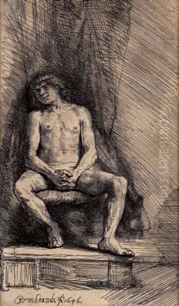 Homme Nu Assis Devant Un Rideau Oil Painting by Rembrandt Van Rijn