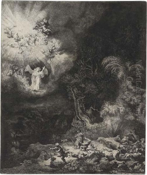 The Angel Appearing To The Shepherds Oil Painting by Rembrandt Van Rijn