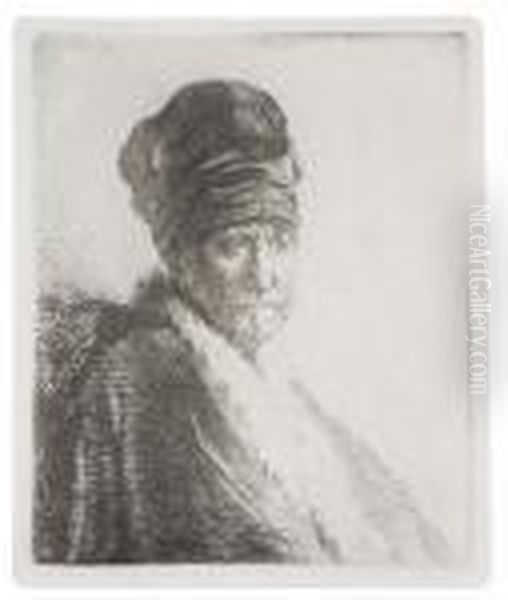 Bust Of A Man Wearing A High Cap, Three-quarters Right (theartist's Father ?) Oil Painting by Rembrandt Van Rijn