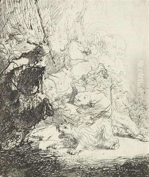 The Small Lion Hunt, With Two Lions. Etching by Rembrandt Van Rijn