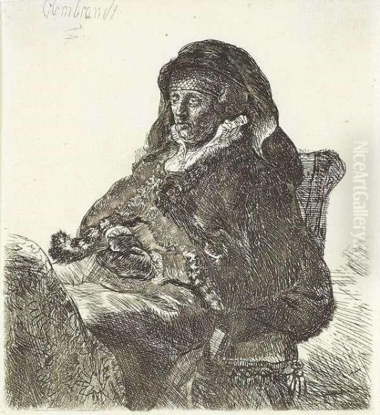 Rembrandt's Mother In Widow's Dress, Black Gloves. Etching Oil Painting by Rembrandt Van Rijn