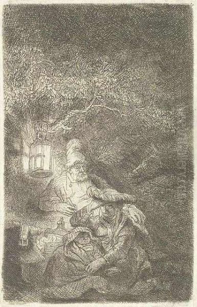 The Rest On The Flight: A Night Piece. Etching Oil Painting by Rembrandt Van Rijn