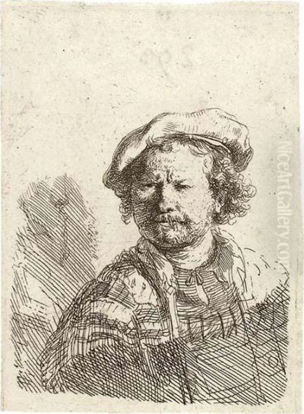 Self-portrait In A Flat Cap And Embroidered Dress Oil Painting by Rembrandt Van Rijn