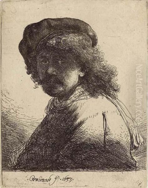 Self-portrait In A Cap And Scarf With Face Dark: Bust Oil Painting by Rembrandt Van Rijn