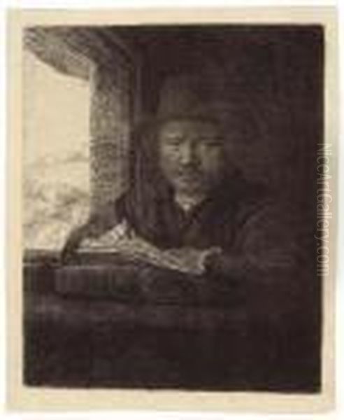 Self-portrait Drawing At A Window Oil Painting by Rembrandt Van Rijn