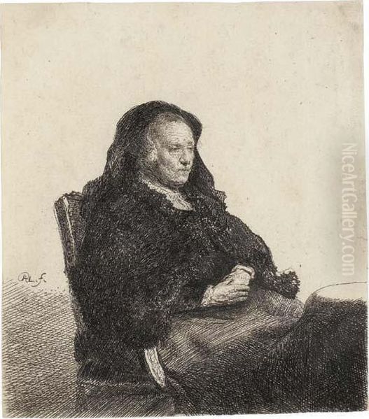 The Artist's Mother Seated At A Table, Looking Right Oil Painting by Rembrandt Van Rijn