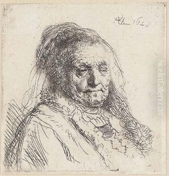 The Artist's Mother, Head And Bust: Three Quarters Right Oil Painting by Rembrandt Van Rijn