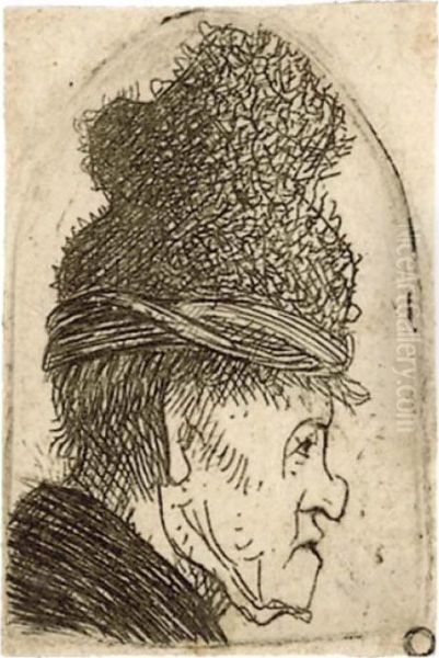 A Grotesque Profile: Man In A High Cap Oil Painting by Rembrandt Van Rijn