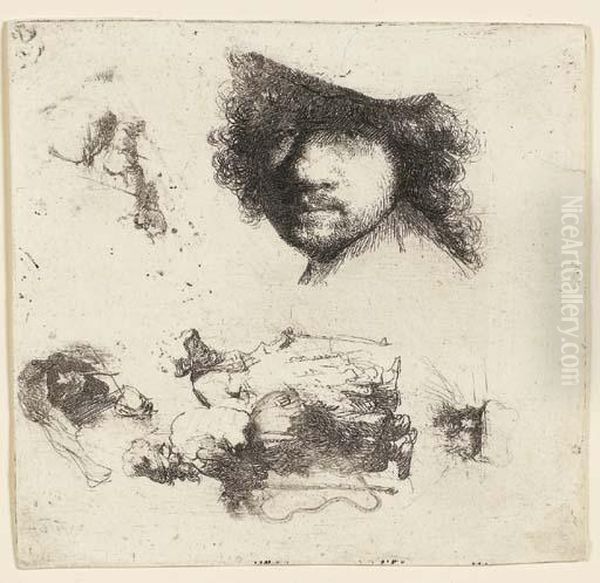 Sheet Of Studies: Head Of The 
Artist, A Beggar Couple, Heads Of An Old Man And An Old Woman Oil Painting by Rembrandt Van Rijn