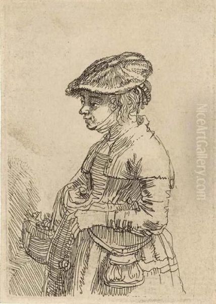 A Girl With A Basket Oil Painting by Rembrandt Van Rijn