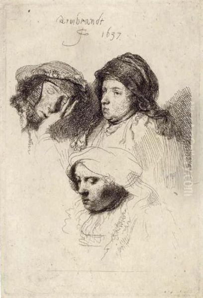 Three Heads Of Women: One Asleep Oil Painting by Rembrandt Van Rijn