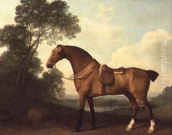 A Saddled Bay Hunter in a Landscape with a Lake Beyond, 1786 Oil Painting by George Stubbs