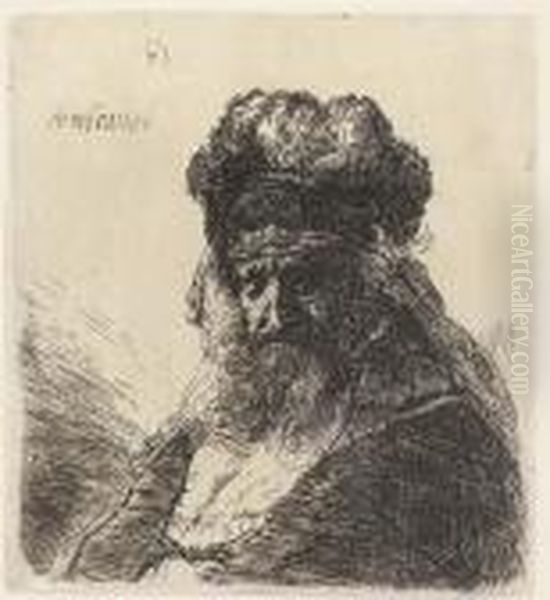 An Old Bearded Man In A High Fur Cap, With Eyes Closed Oil Painting by Rembrandt Van Rijn