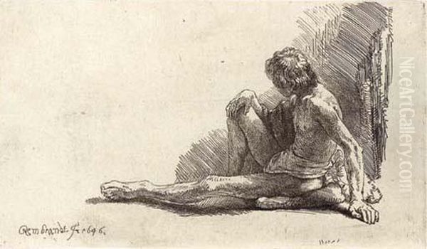 A Nude Man Seated On The Ground With One Leg Extended Oil Painting by Rembrandt Van Rijn